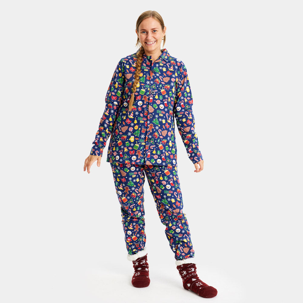 Pijama de Navidad Mujer Niños Azul con Motivos Navideños