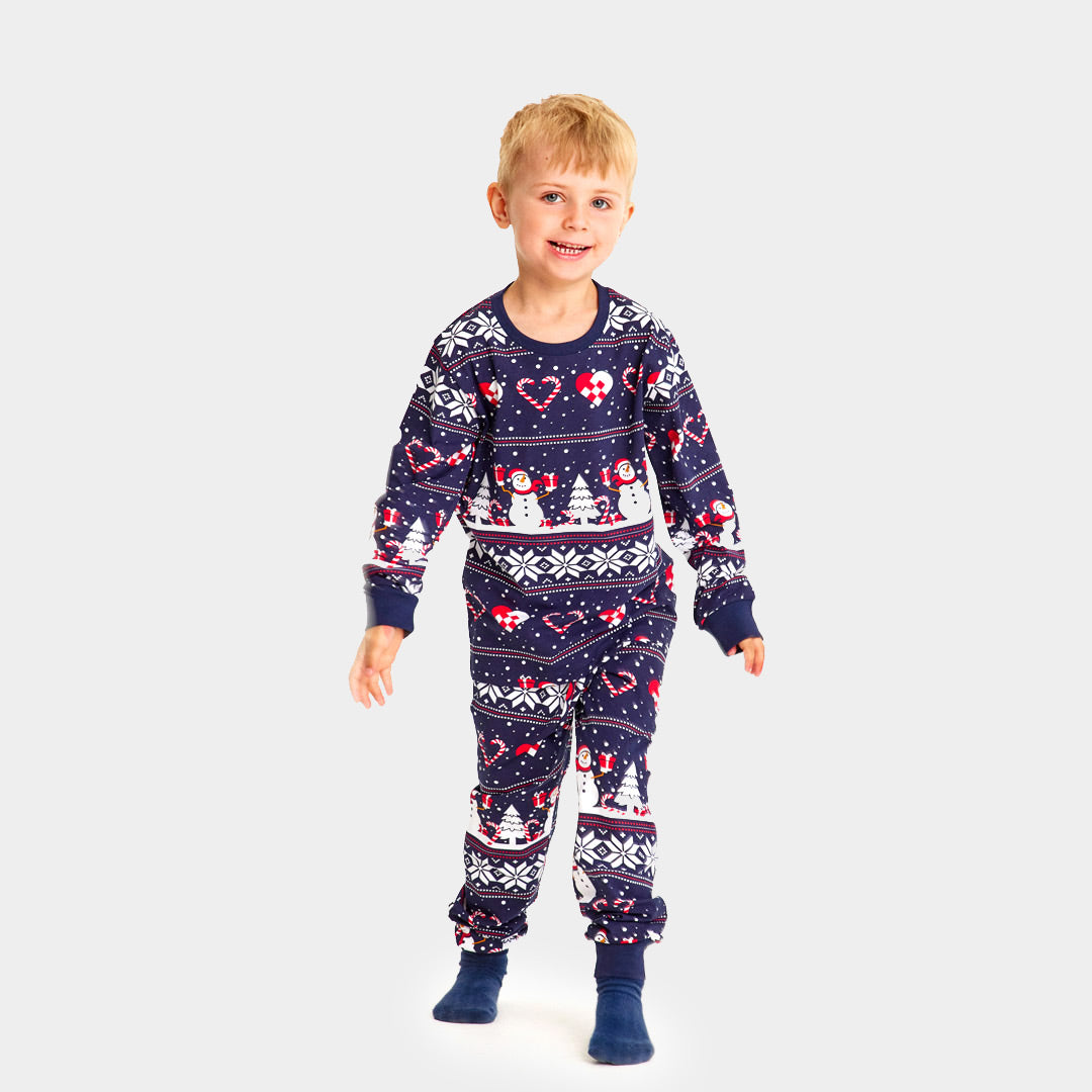 Pijama de Navidad para Familia Azul con Muñecos de Nieve y Corazones niño