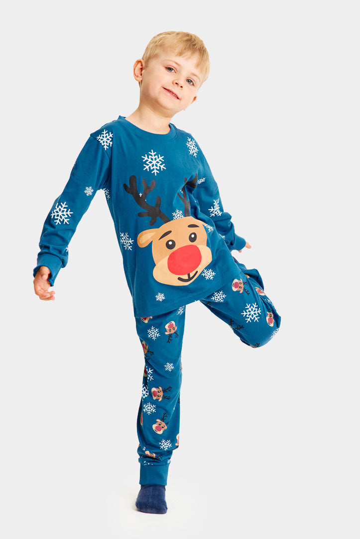 Pijama de Navidad para Familia Azul con Reno Rudolph niño
