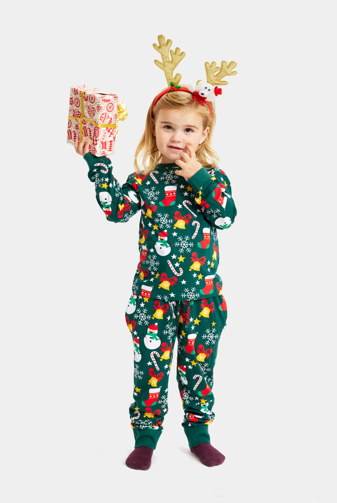 Pijama de Navidad para Familia Niña Verde con Motivos Navideños