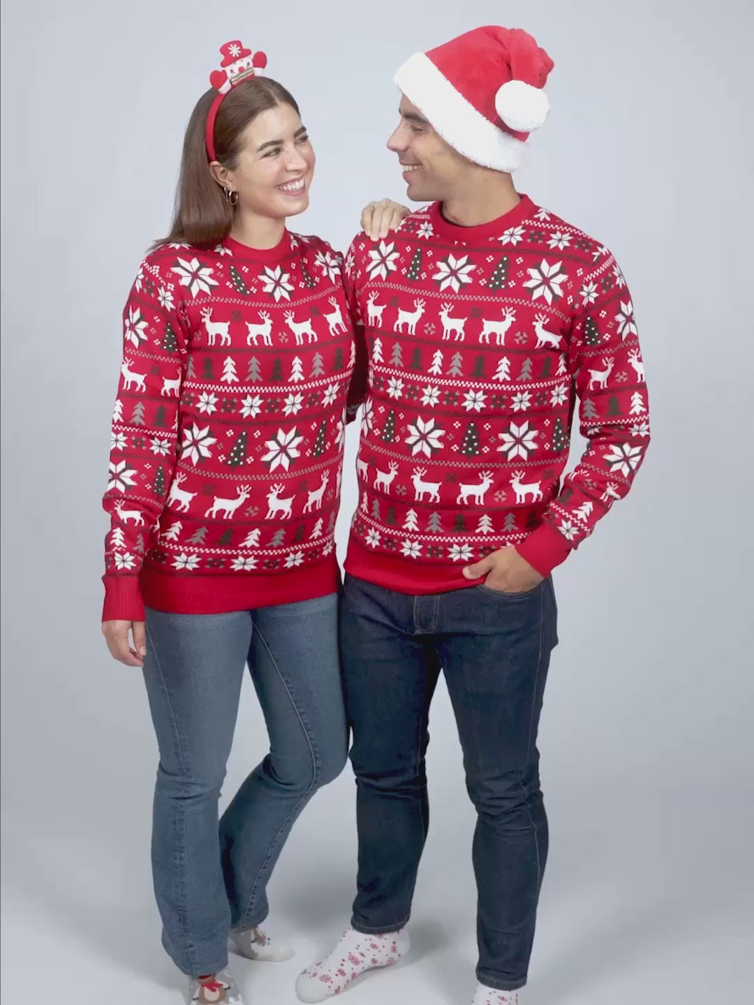 Jersey de Navidad Mujer y Hombre Rojo con Renos, Árboles y Estrellas Polares
