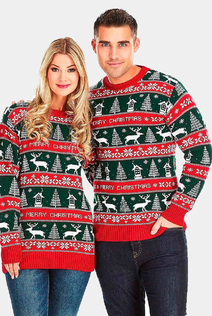 Jersey Navideño Pareja Rayas Verdes y Rojas Merry Christmas
