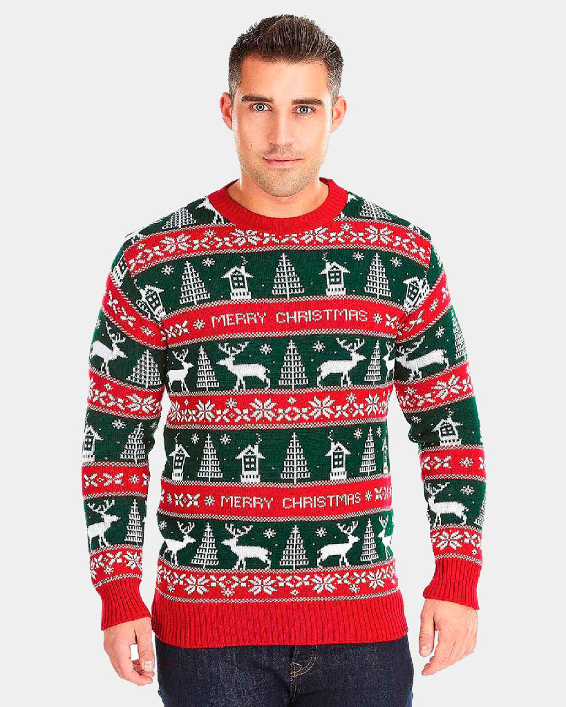 Jersey Navideño Hombre Rayas Verdes y Rojas Merry Christmas