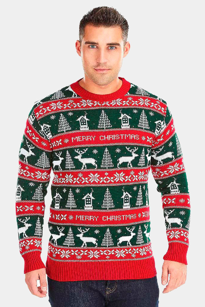 Jersey Navideño Hombre Rayas Verdes y Rojas Merry Christmas