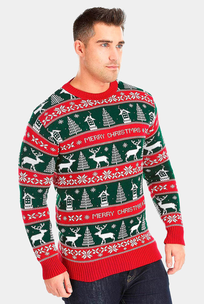 Jersey Navideño Hombre Rayas Verdes y Rojas Merry Christmas