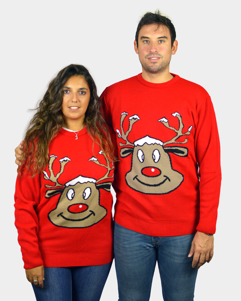 Jersey de Navidad para Familia Reno Sonriente Rojo pareja