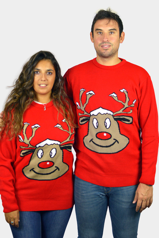 Jersey de Navidad para Familia Reno Sonriente Rojo pareja