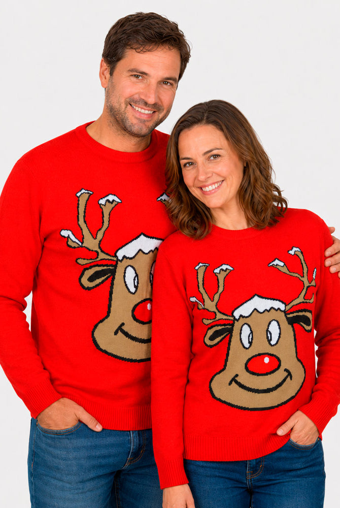 Jersey de Navidad para Familia Reno Sonriente Rojo pareja