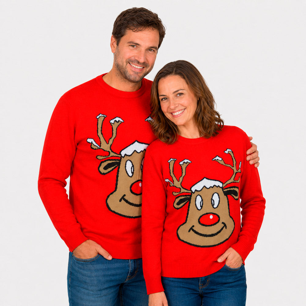 Jersey de Navidad para Familia Reno Sonriente Rojo pareja