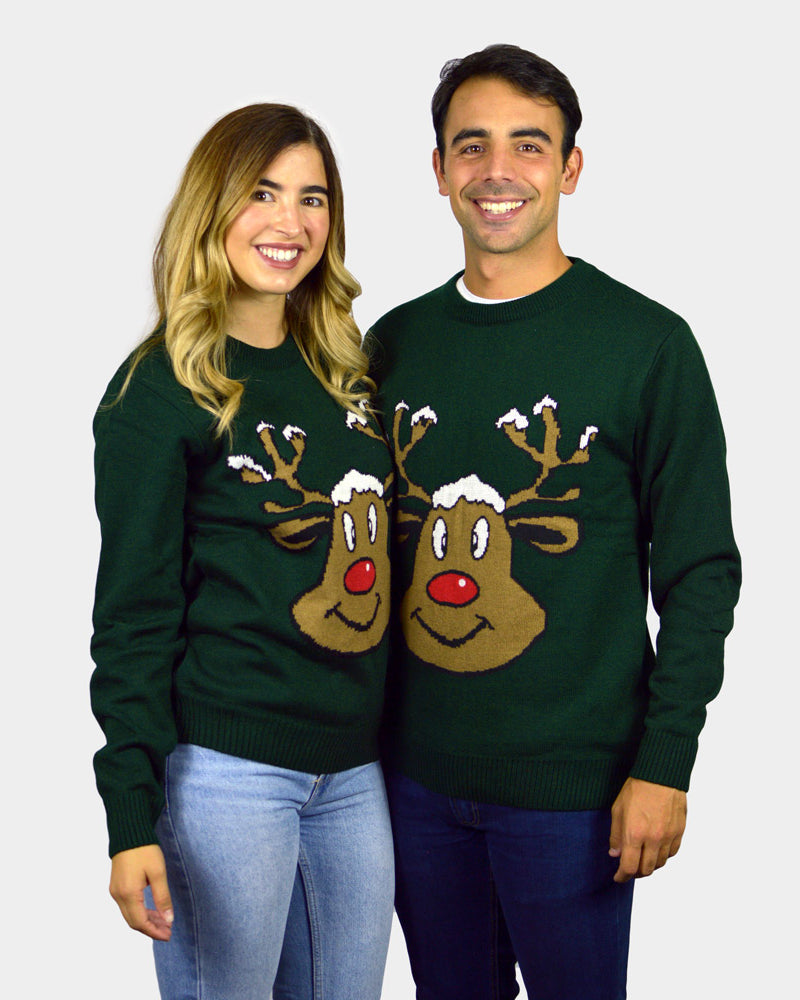 Jersey de Navidad para Familia Reno Sonriente Verde parejas