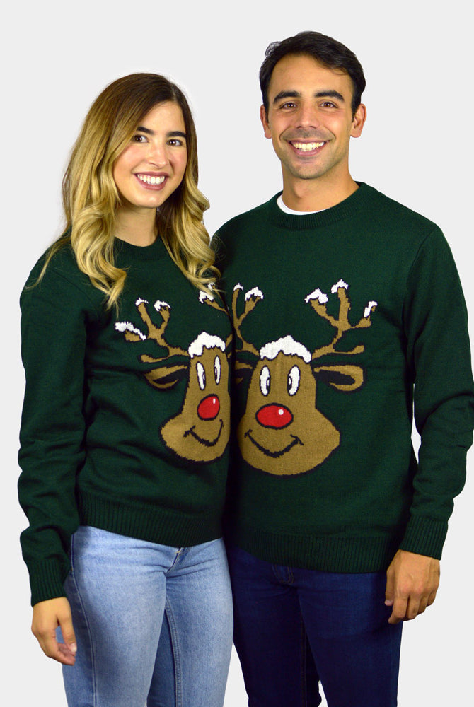 Jersey de Navidad para Familia Reno Sonriente Verde parejas