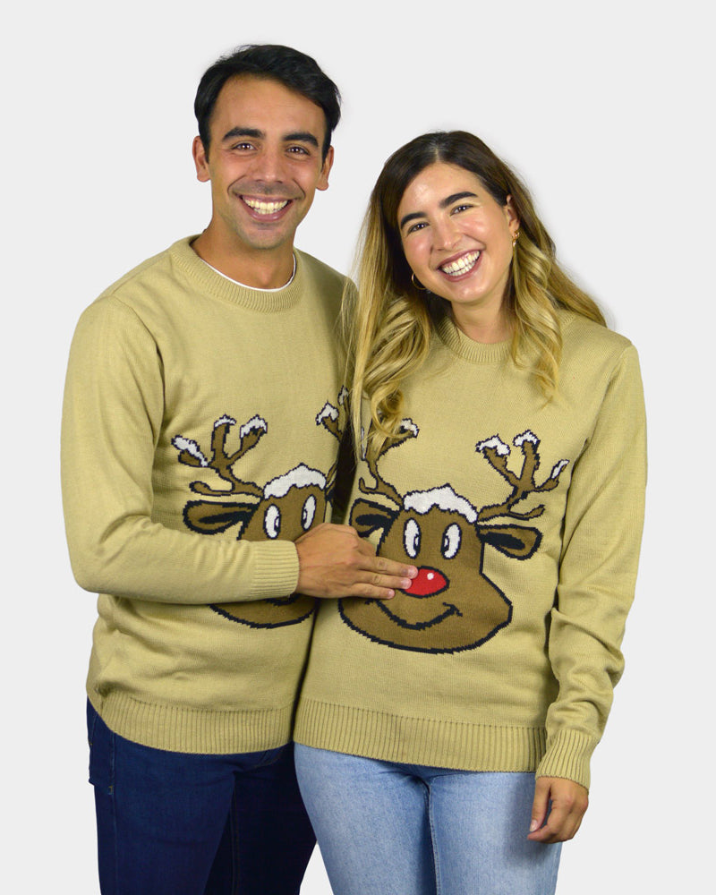 Jersey de Navidad para Mujer Reno Sonriente Beige pareja
