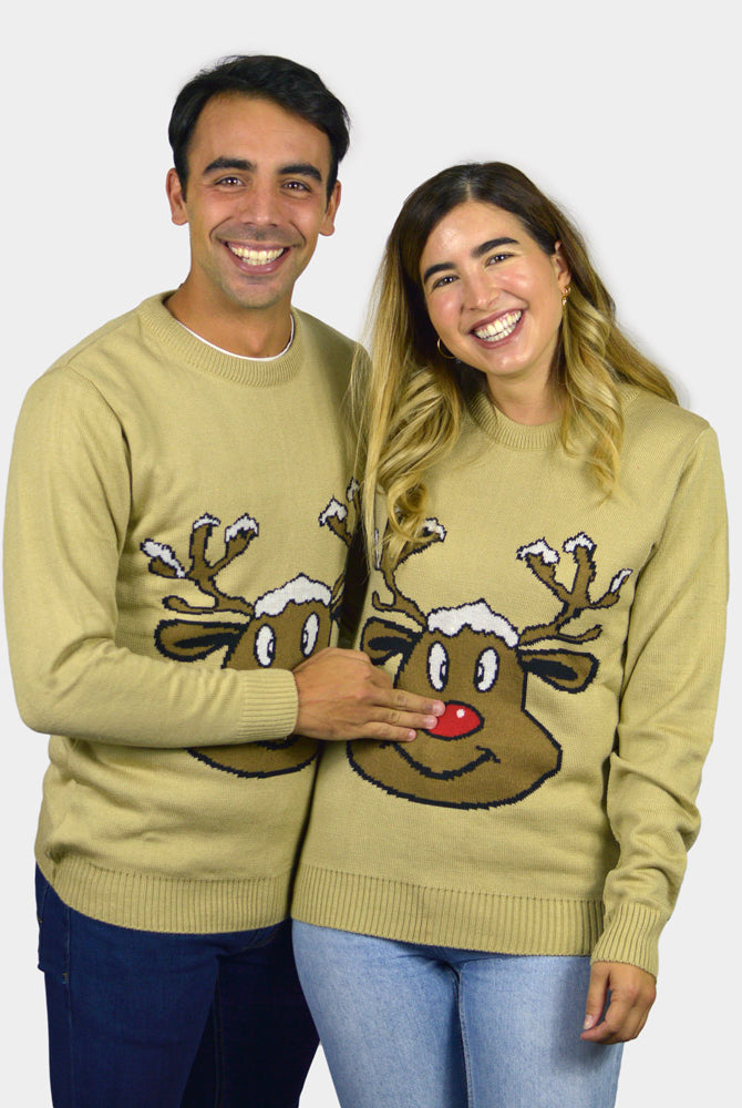 Jersey de Navidad para Hombre Reno Sonriente Beige pareja