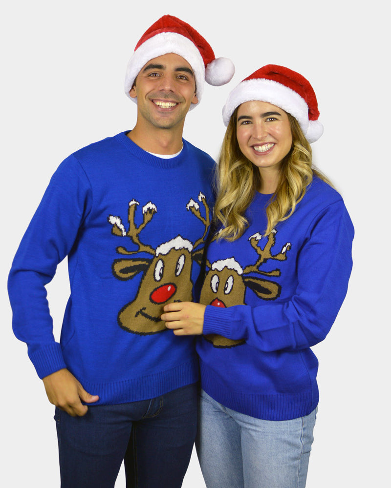 Jersey de Navidad para Hombre Reno Sonriente Azul parejas