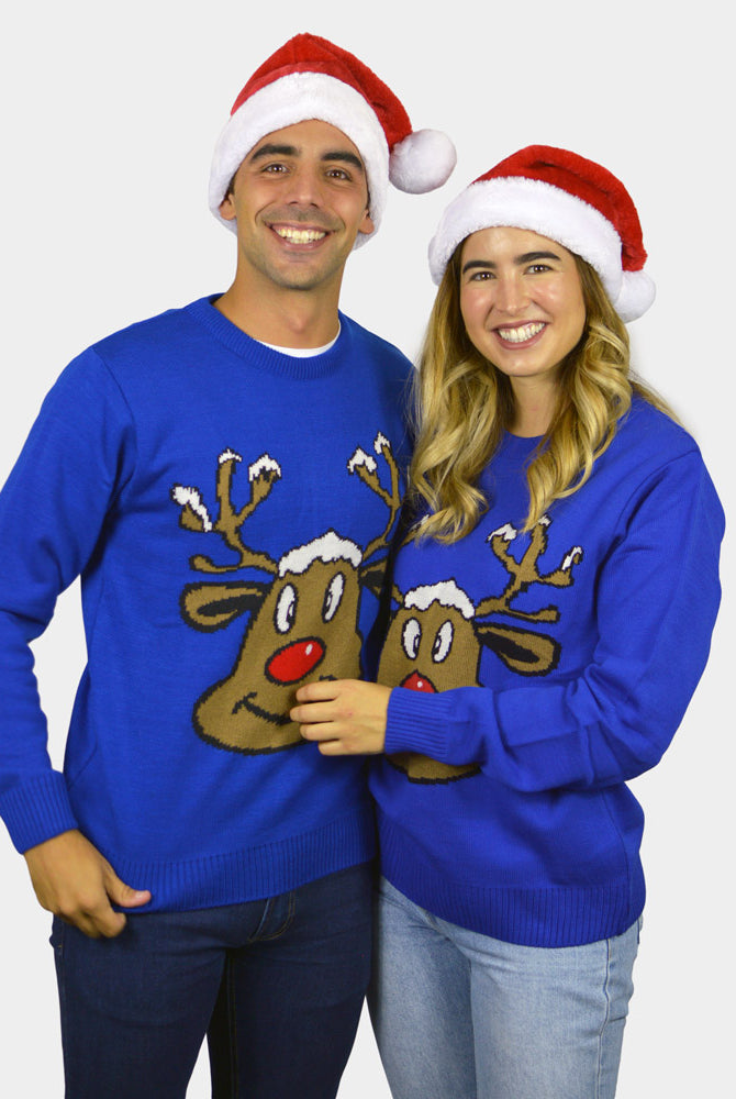 Jersey de Navidad para Familia Reno Sonriente Azul parejas