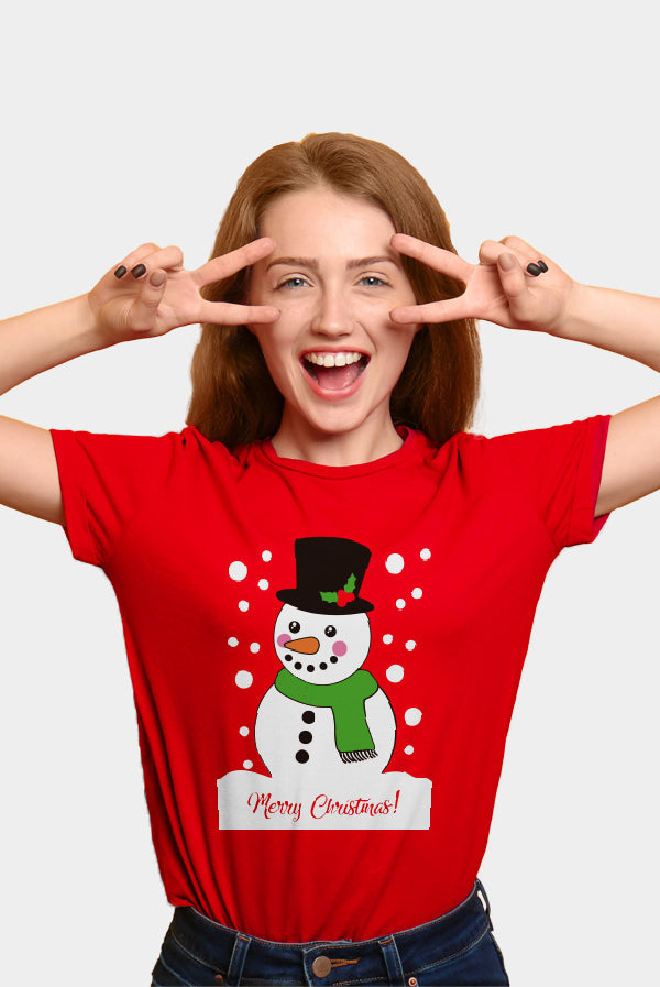 Camiseta de Navidad Mujer Roja con Muñeco de Nieve