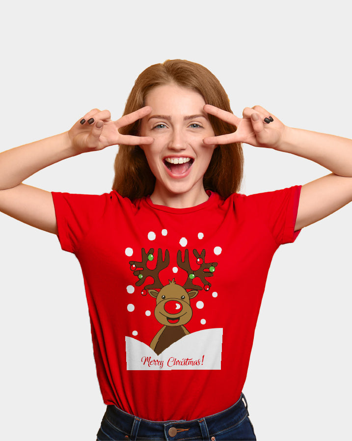 Camiseta de Navidad Mujer Roja con Reno Rudolph