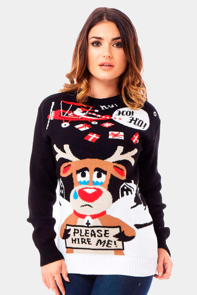 Jersey Navideño Mujer Papá Noel y Reno Buscando Trabajo