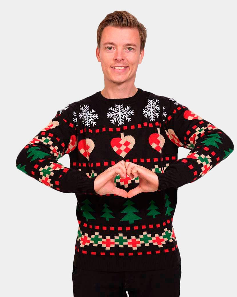 Jersey Navideño Negro Hombre con Nieve Corazones y Árboles