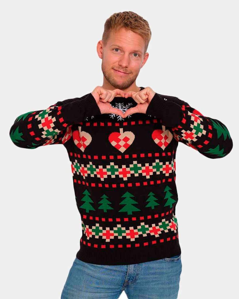 Jersey Navideño Negro con Nieve Corazones y Árboles hombre