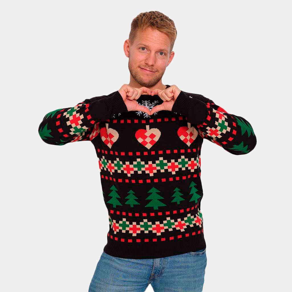 Jersey Navideño Negro con Nieve Corazones y Árboles hombre