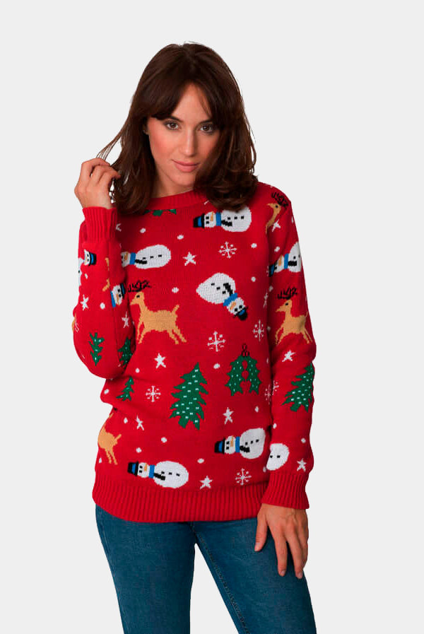 Jersey Navideño Rojo con Muñecos, Renos y Árboles Mujer