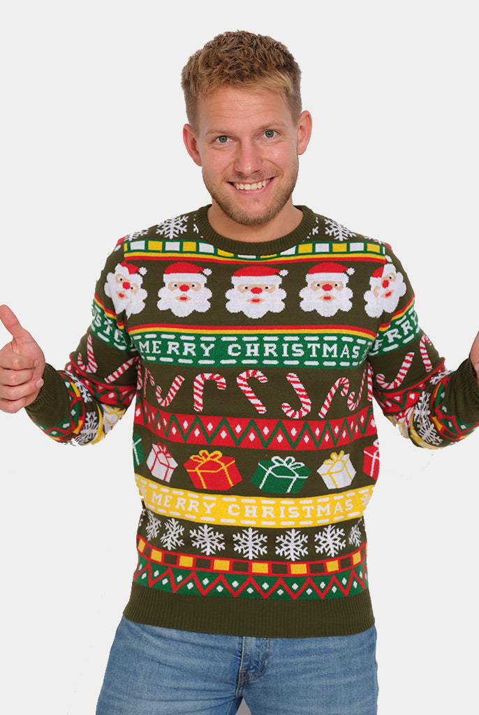 Jersey Navideño Verde con Santa y Regalos Merry Christmas Hombre