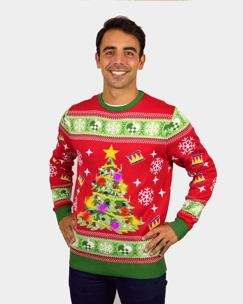 Jersey de Navidad con Luces LED para Familia Rojo con Árbol Navidad Hombre