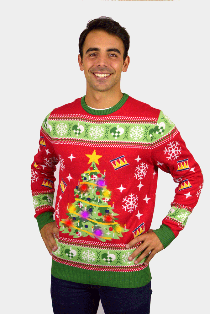 Jersey de Navidad con Luces LED para Familia Rojo con Árbol Navidad Hombre