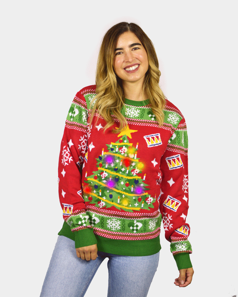 Jersey de Navidad con Luces LED para Familia Rojo con Árbol Navidad Mujer
