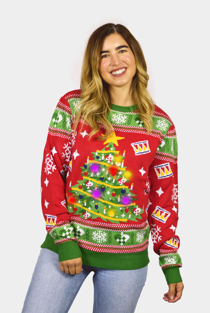 Jersey de Navidad con Luces LED para Familia Rojo con Árbol Navidad Mujer