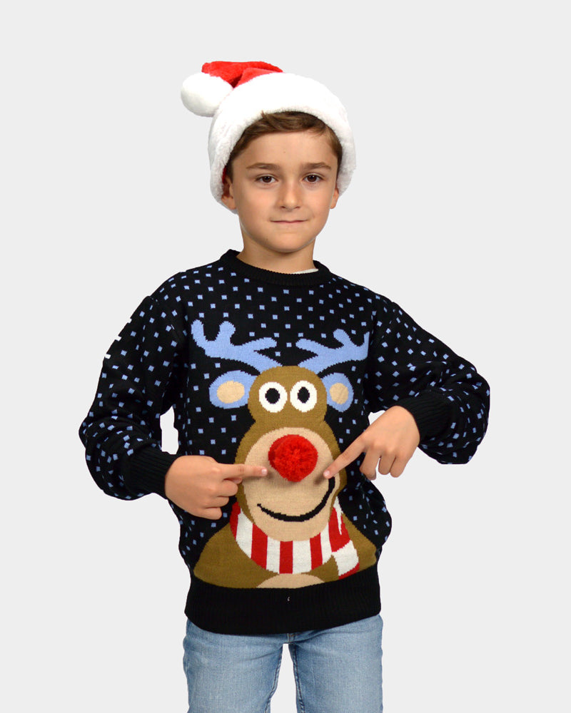Jersey de Navidad Azul Reno con Nariz Roja en 3D Niño