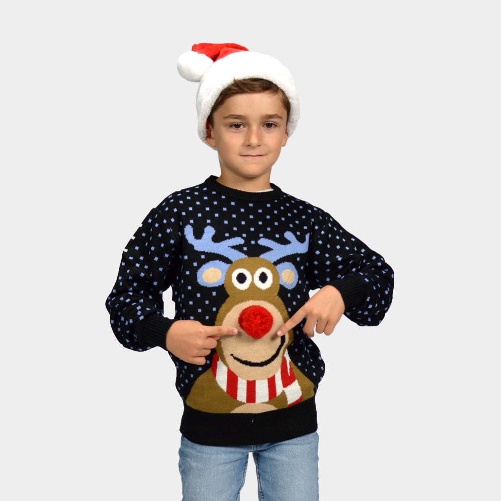 Jersey de Navidad Azul Reno con Nariz Roja en 3D Niño