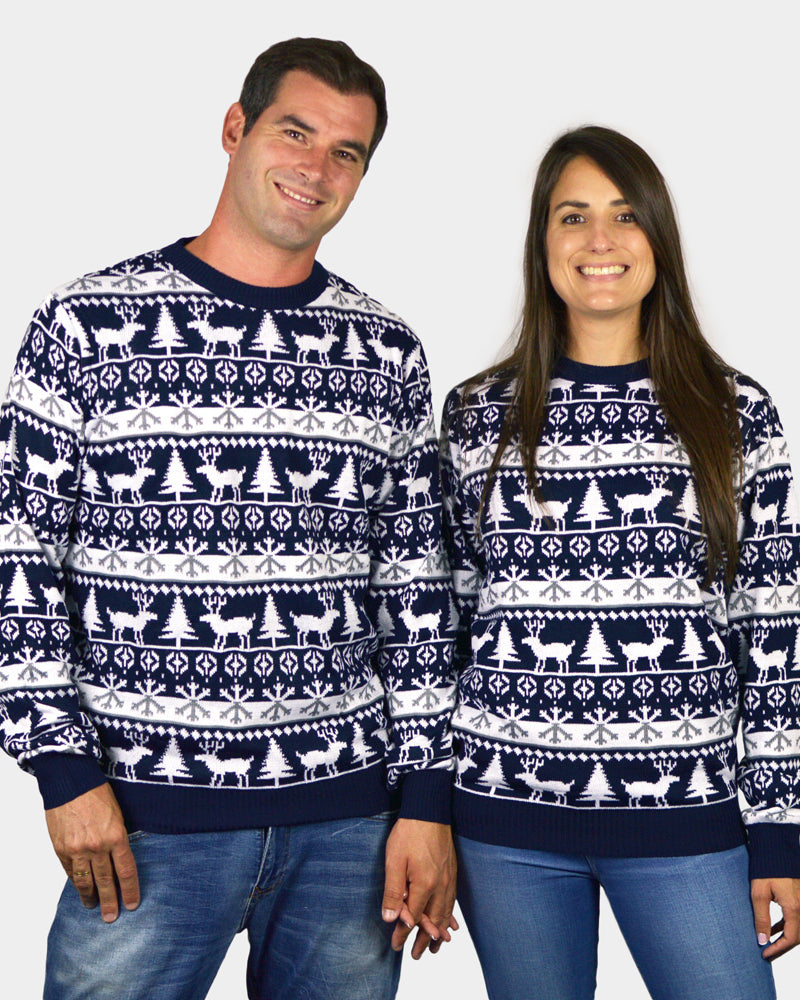 Jersey de Navidad para Familia cenefas de Renos y Árboles parejas