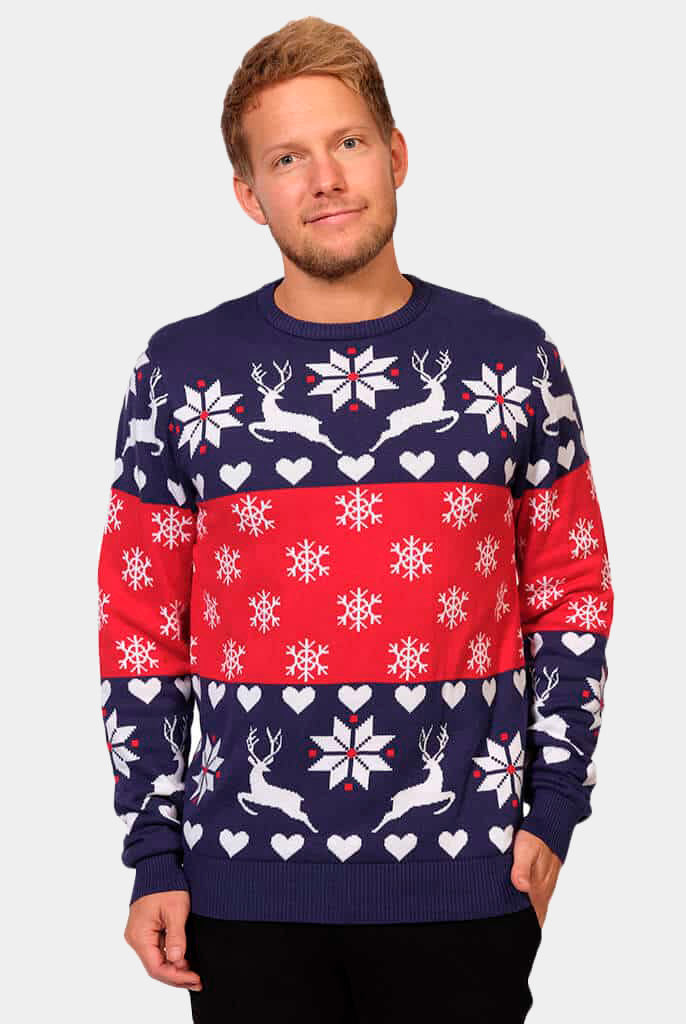 Jersey Navideño Hombre Renos y Corazones Azul y Rojo