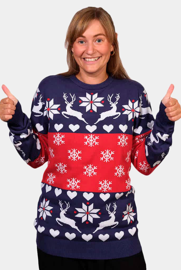 Jersey Navideño Mujer Renos y Corazones Azul y Rojo