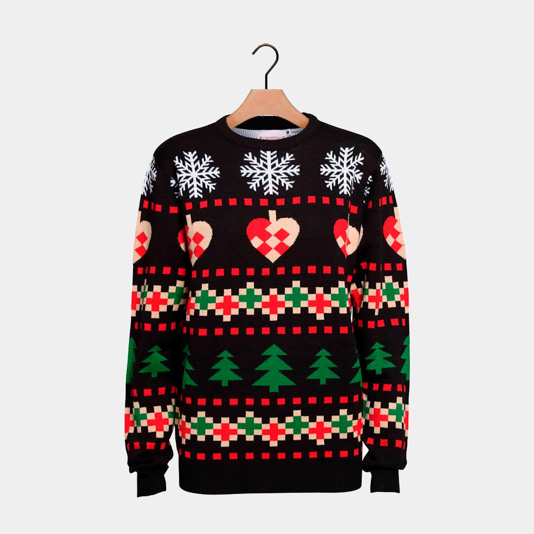 Jersey de Navidad Negro con Nieve Corazones y Árboles