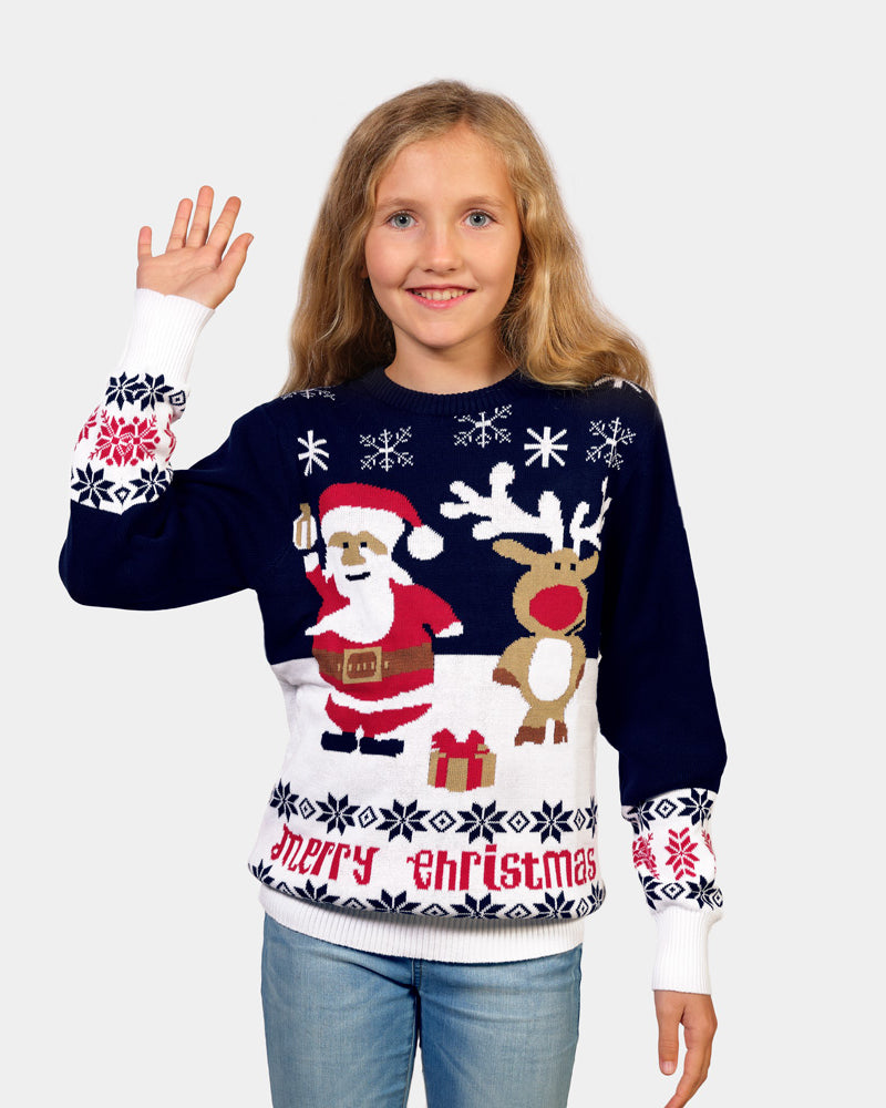 Jersey Navideño Niña Azul Papá Noel y Reno Rudolph