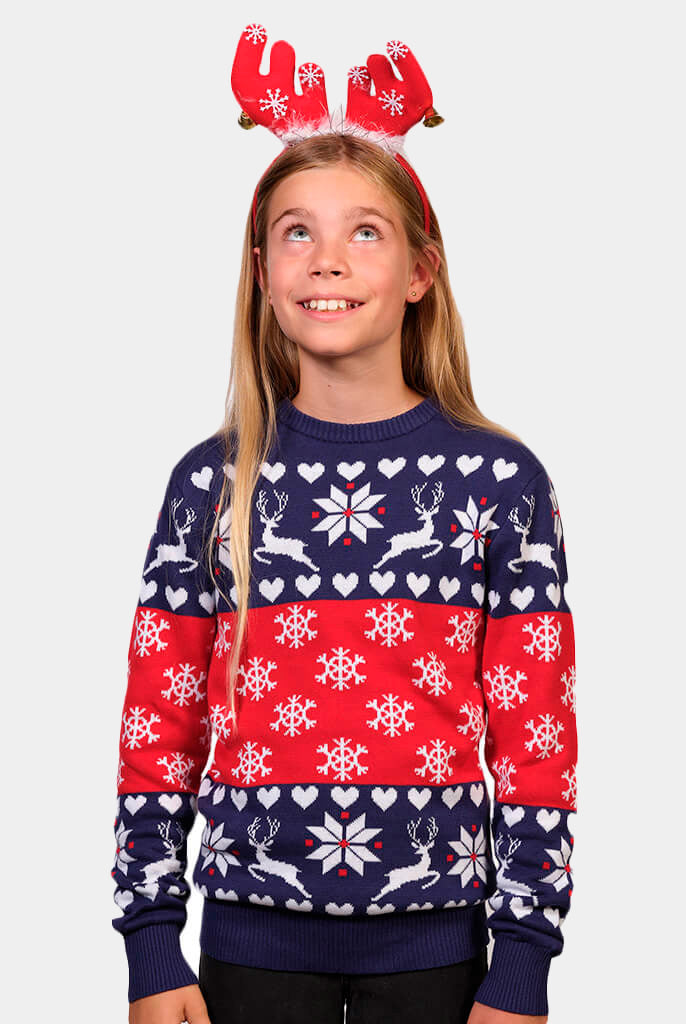 Jersey Navideño Niña Renos y Corazones Azul y Rojo