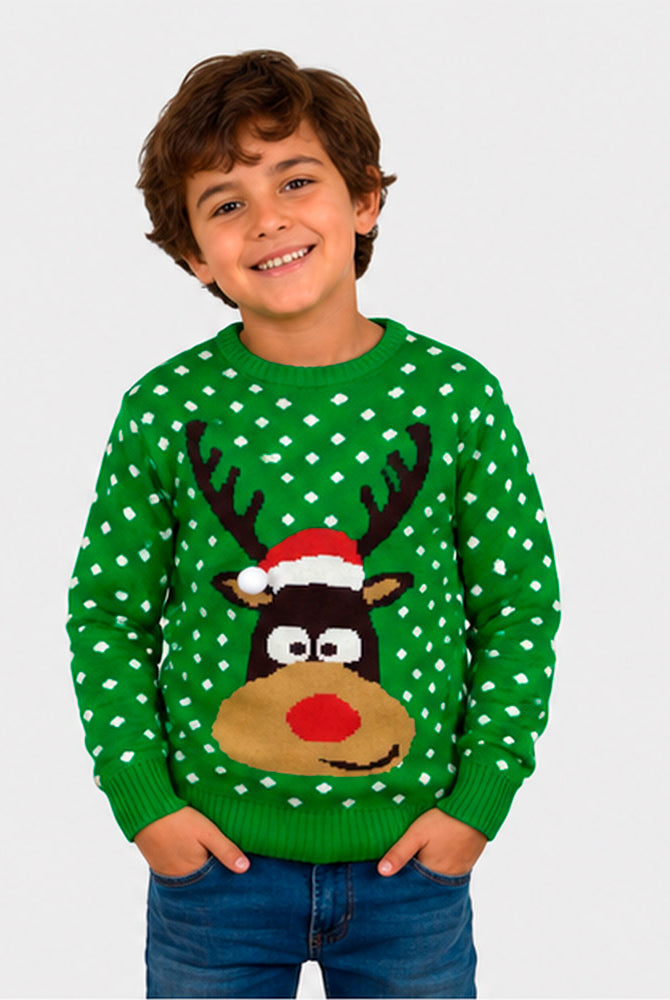 Jersey de Navidad para Niño Verde Reno con Gorro en 3D