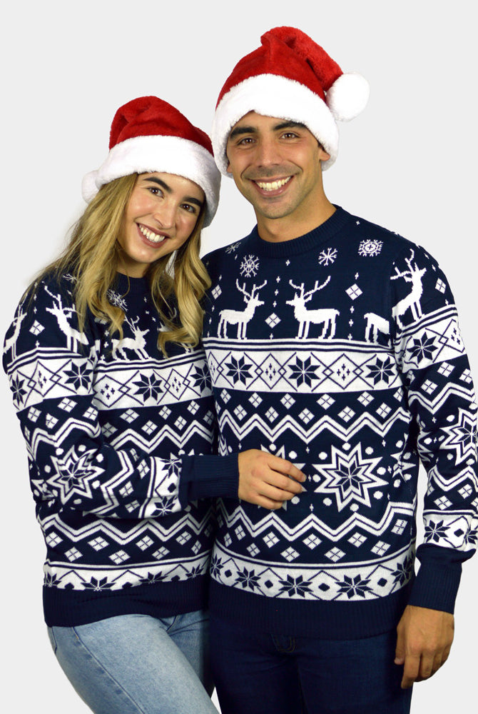 Jersey Navideño para Hombre con Renos y Estrellas Azul Nordic parejas