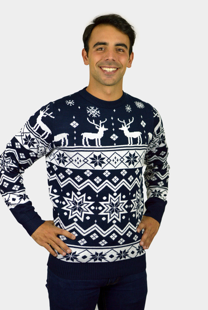 Jersey Navideño Hombre con Renos y Estrellas Azul Nordic