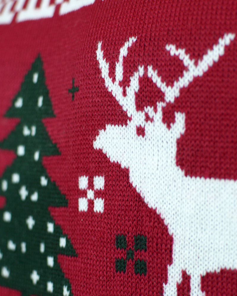 Jersey de Navidad para Familia Rojo Árboles de Navidad y Reno Detalle Árbol