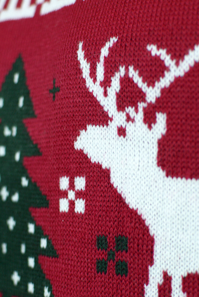 Jersey de Navidad para Familia Rojo Árboles de Navidad y Reno Detalle Árbol