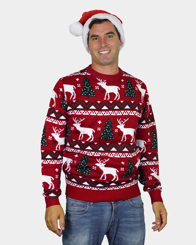 Jersey de Navidad para Familia Rojo Árboles de Navidad y RenosHombre