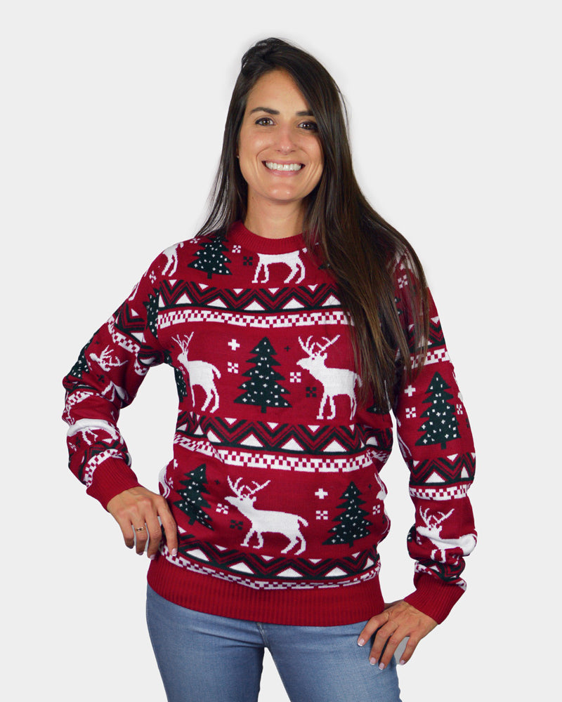 Jersey de Navidad para Familia Rojo Árboles de Navidad y Renos Mujer