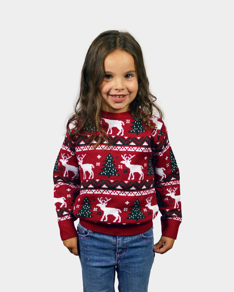 Jersey de Navidad para Familia Rojo Árboles de Navidad y Renos Niños