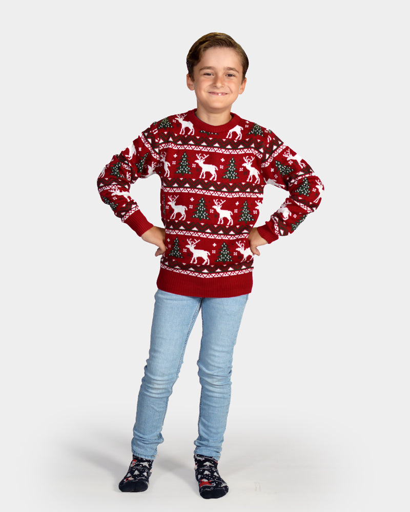 Jersey de Navidad para Familia Rojo Árboles de Navidad y Renos Niños