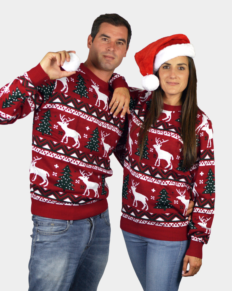 Jersey de Navidad para Familia Rojo Árboles de Navidad y Renos pareja