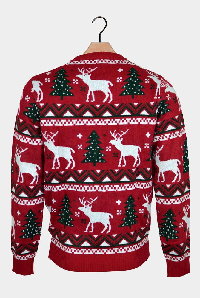 Jersey de Navidad para Hombre Rojo Árboles de Navidad y Renos Espalda
